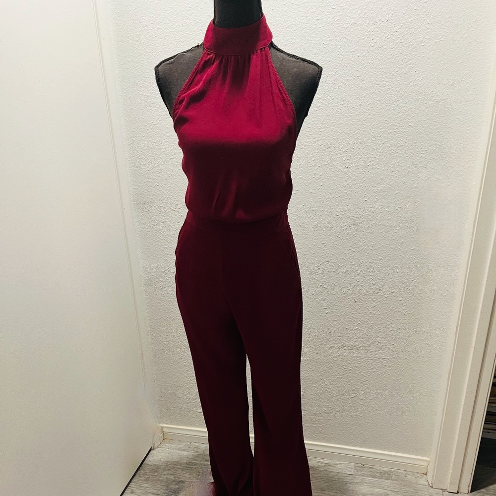 FLYNN SKYE USA Halter Jumpsuit "S" Burgundy backless wide leg bottoms Back Zip
